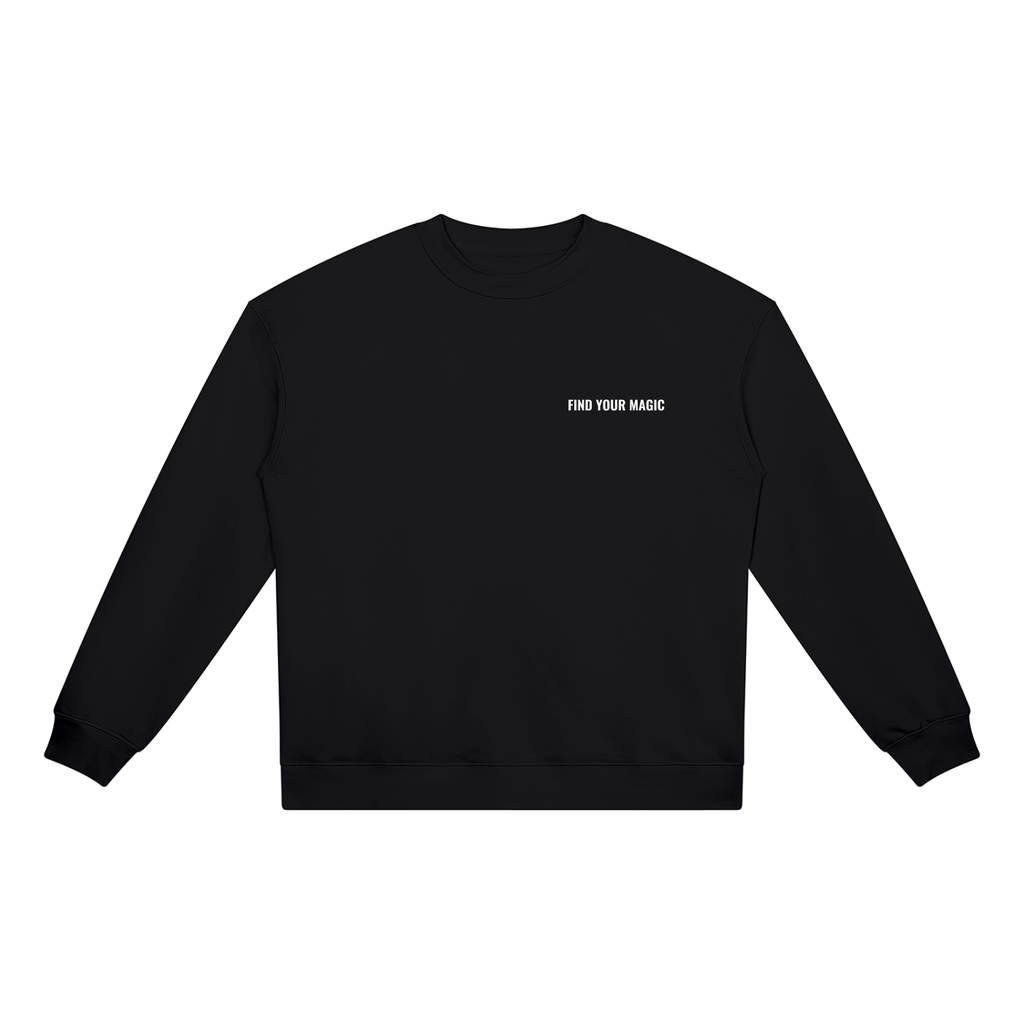 ind your magic A black crewneck sweatshirt with a The infinity style Studio compass logo.  Keep you looking stylish, warm and comfy on your confidence recovery journey. black crewneck front view