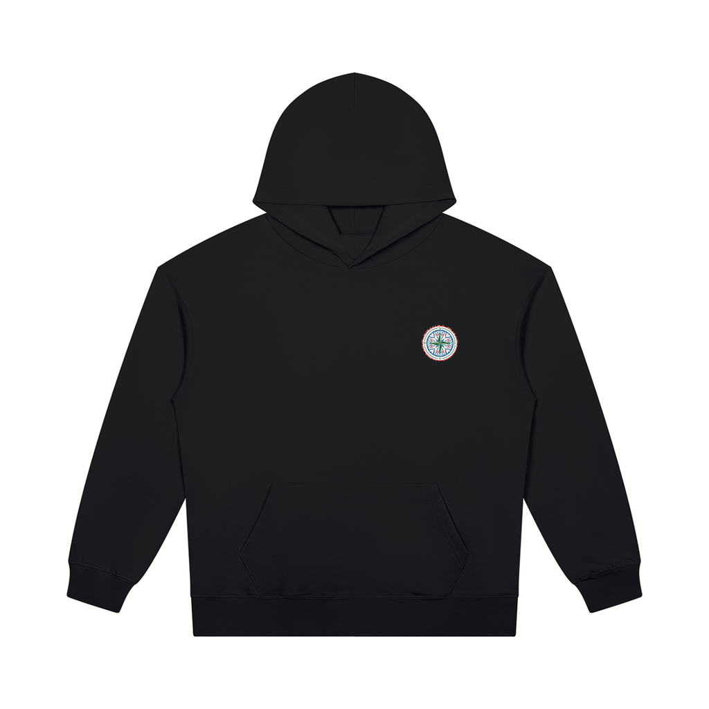 A black pullover hoodie with the classic compass multicolor graphic on the left chest. Keep you looking stylish, warm and comfy on your confidence recovery journey. black hoodie front view