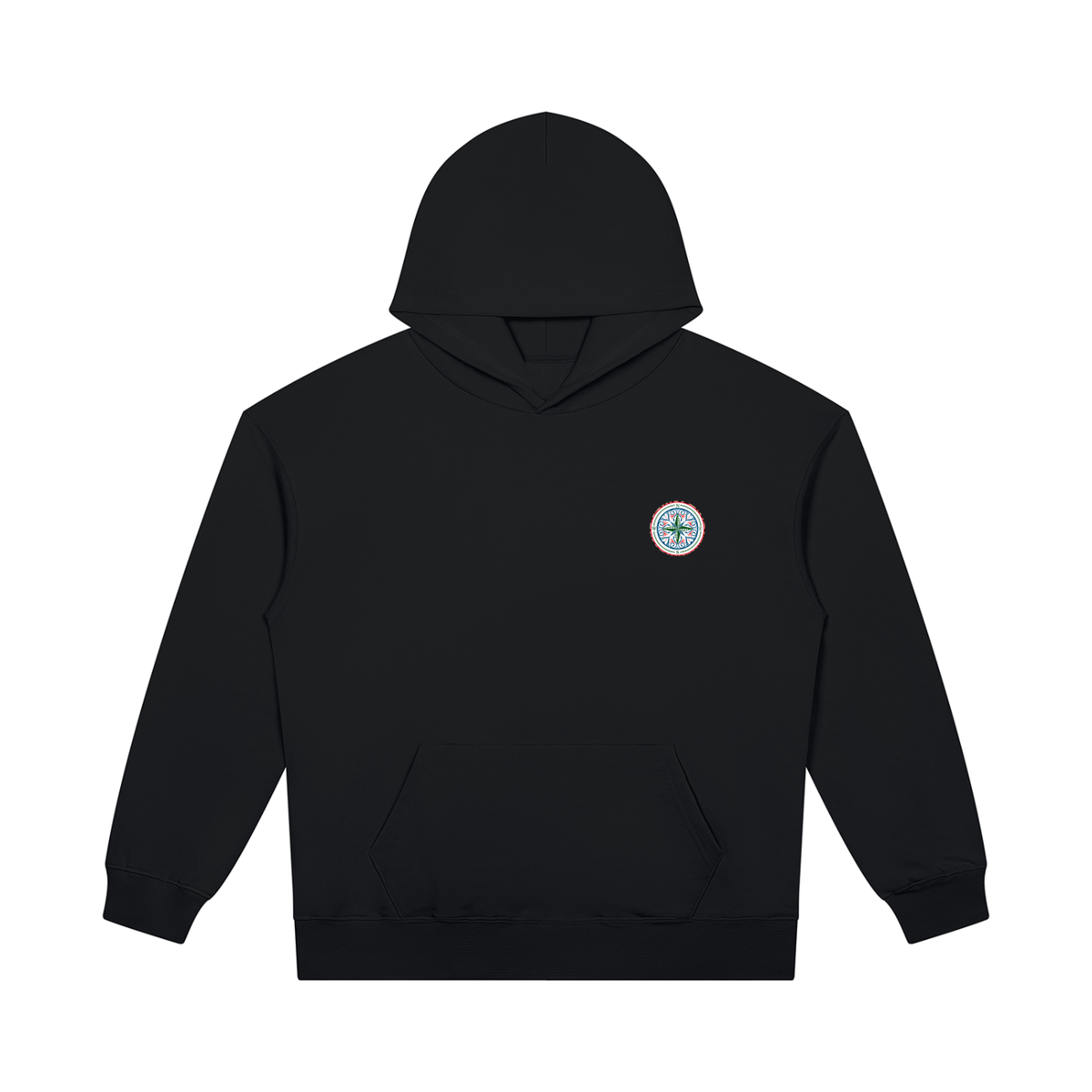 A black pullover hoodie with the classic compass multicolor graphic on the left chest. Keep you looking stylish, warm and comfy on your confidence recovery journey. black hoodie front view
