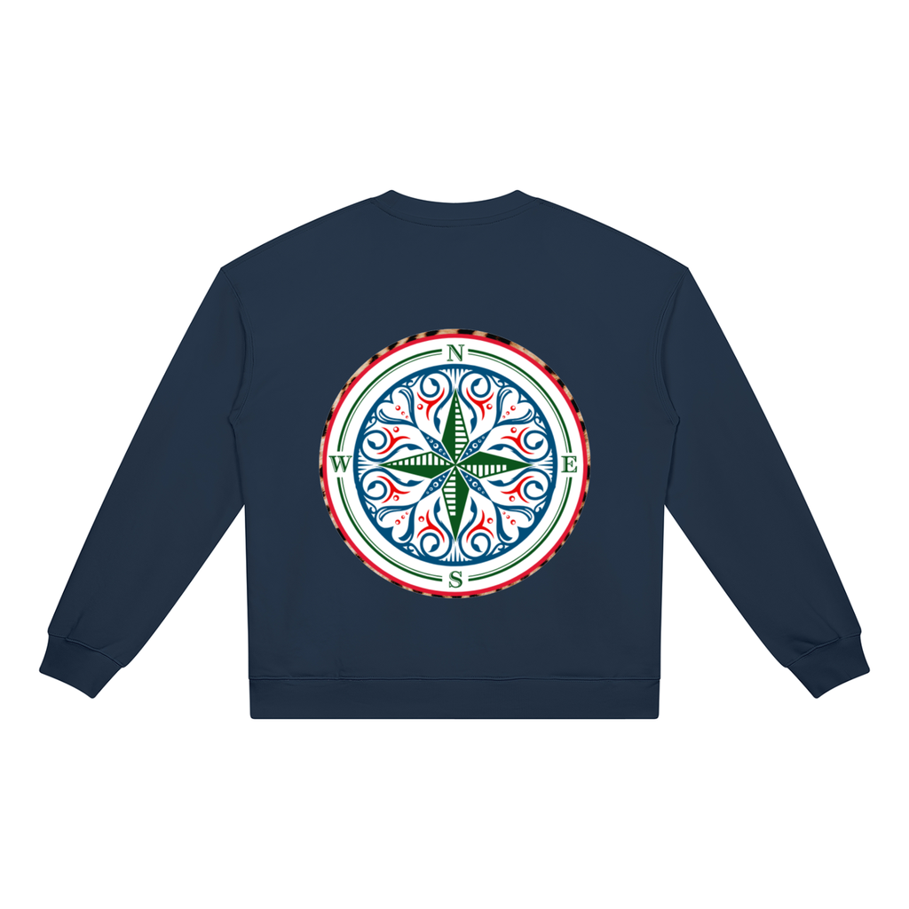 Compass Crewneck Sweatshirt. A blue crewneck sweatshirt with a The infinity style Studio compass logo.  Keep you looking stylish, warm and comfy on your confidence recovery journey. Blue crewneck back view