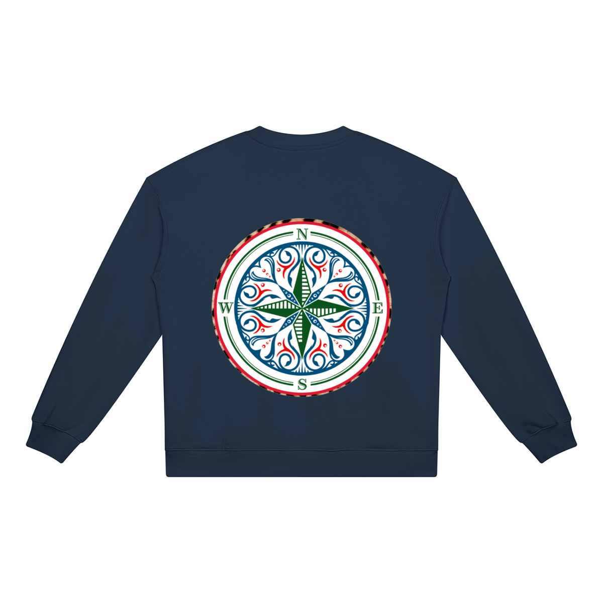 Compass Crewneck Sweatshirt. A blue crewneck sweatshirt with a The infinity style Studio compass logo.  Keep you looking stylish, warm and comfy on your confidence recovery journey. Blue crewneck back view