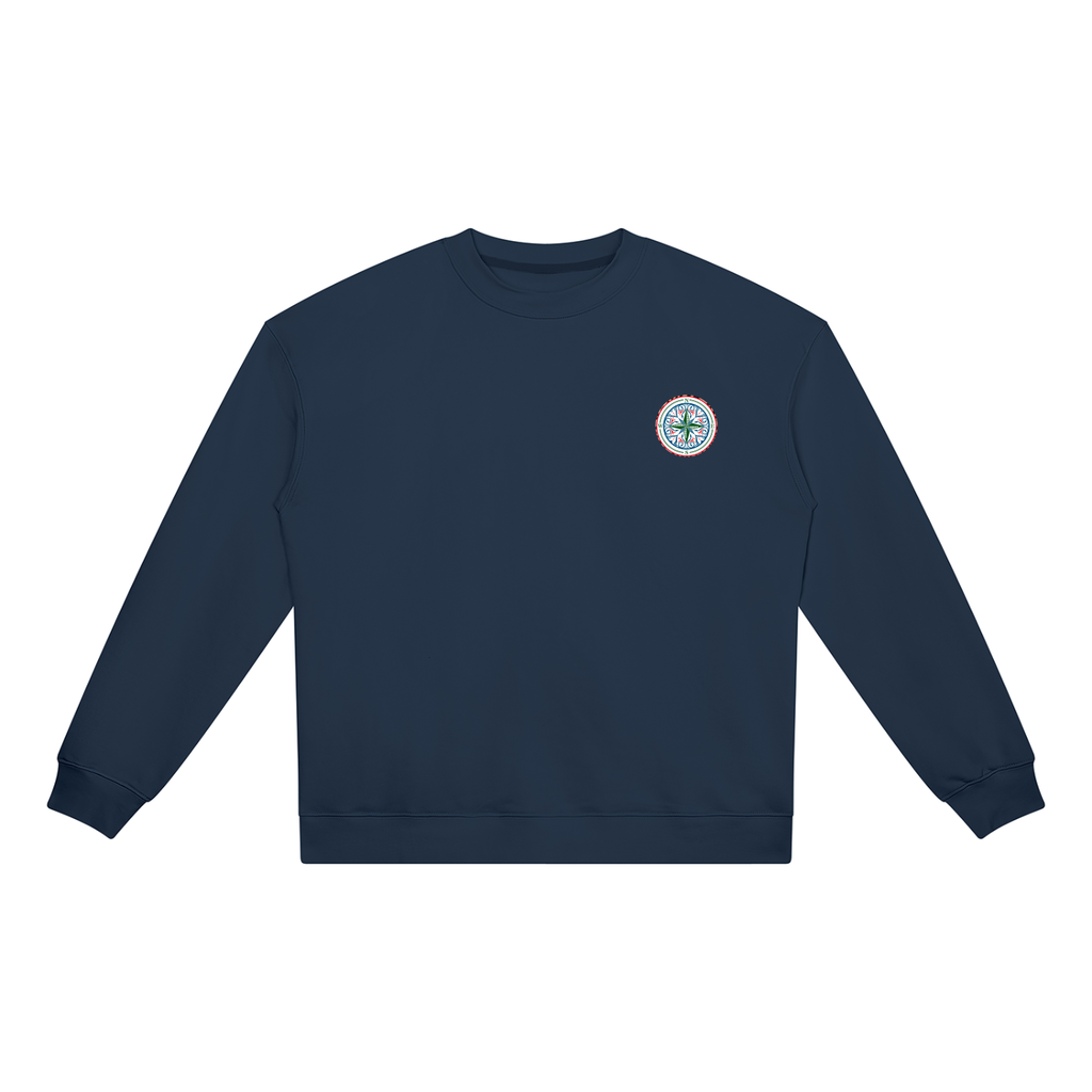 Find your magic A blue crewneck sweatshirt with a The infinity style Studio compass logo.  Keep you looking stylish, warm and comfy on your confidence recovery journey.blue crewneck front view