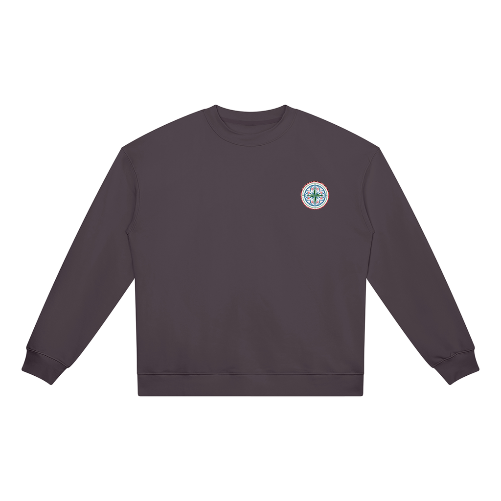 Find your magic A dark charcoal grey crewneck sweatshirt with a The infinity style Studio compass logo.  Keep you looking stylish, warm and comfy on your confidence recovery journey. charcoal grey hoodie front