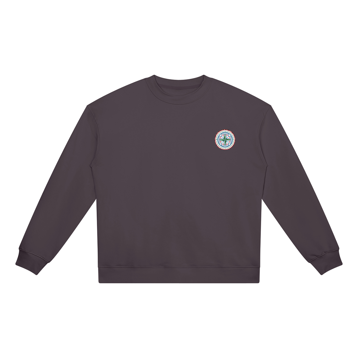 Find your magic A dark charcoal grey crewneck sweatshirt with a The infinity style Studio compass logo.  Keep you looking stylish, warm and comfy on your confidence recovery journey. charcoal grey hoodie front