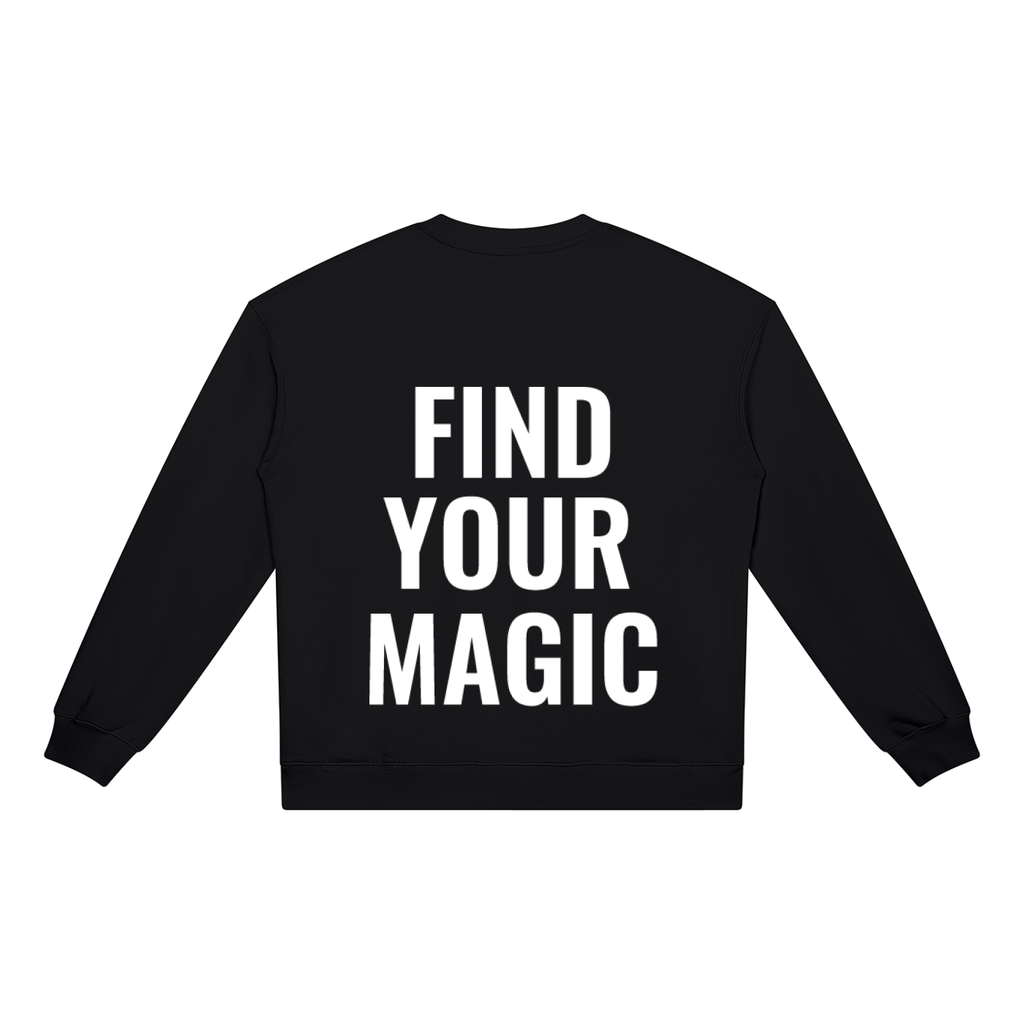 Find your magic A dark charcoal grey crewneck sweatshirt with a The infinity style Studio compass logo.  Keep you looking stylish, warm and comfy on your confidence recovery journey. black hoodie back