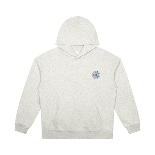 A flower grey pullover hoodie with the classic compass multicolor graphic on the left chest. Keep you looking stylish, warm and comfy on your confidence recovery journey. flower grey hoodie front