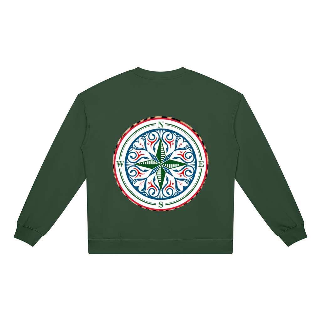 Compass Crewneck Sweatshirt. A green crewneck sweatshirt with a The infinity style Studio compass logo.  Keep you looking stylish, warm and comfy on your confidence recovery journey. green crewneck back view