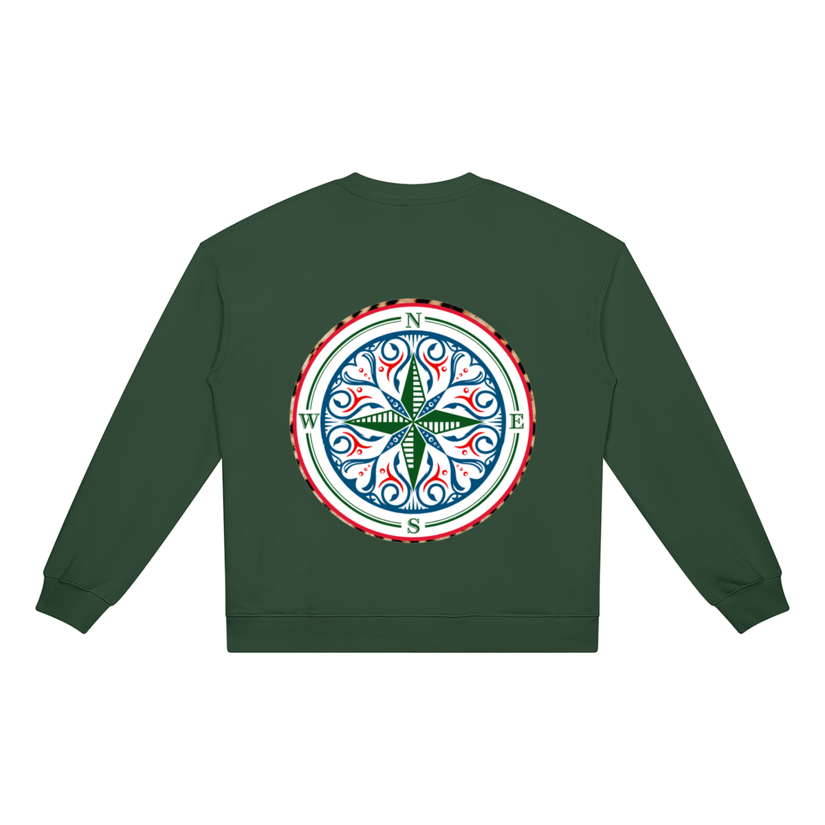 Compass Crewneck Sweatshirt. A green crewneck sweatshirt with a The infinity style Studio compass logo.  Keep you looking stylish, warm and comfy on your confidence recovery journey. green crewneck back view