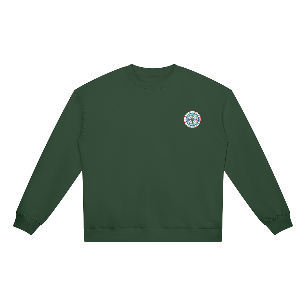 Find your magic A green crewneck sweatshirt with a The infinity style Studio compass logo.  Keep you looking stylish, warm and comfy on your confidence recovery journey.  green crewneck front view