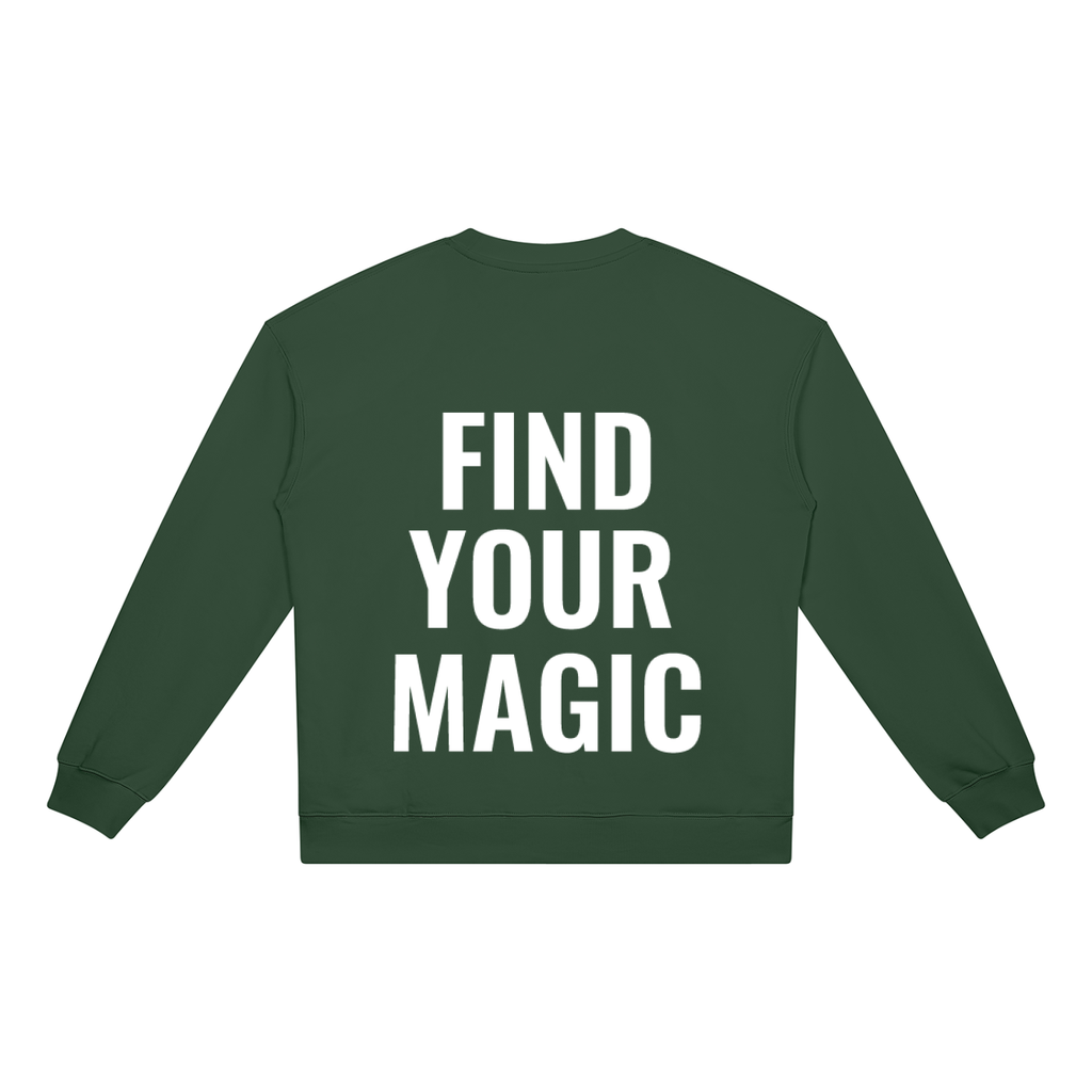 Find your magic A green crewneck sweatshirt with a The infinity style Studio compass logo.  Keep you looking stylish, warm and comfy on your confidence recovery journey. Green crewneck front view