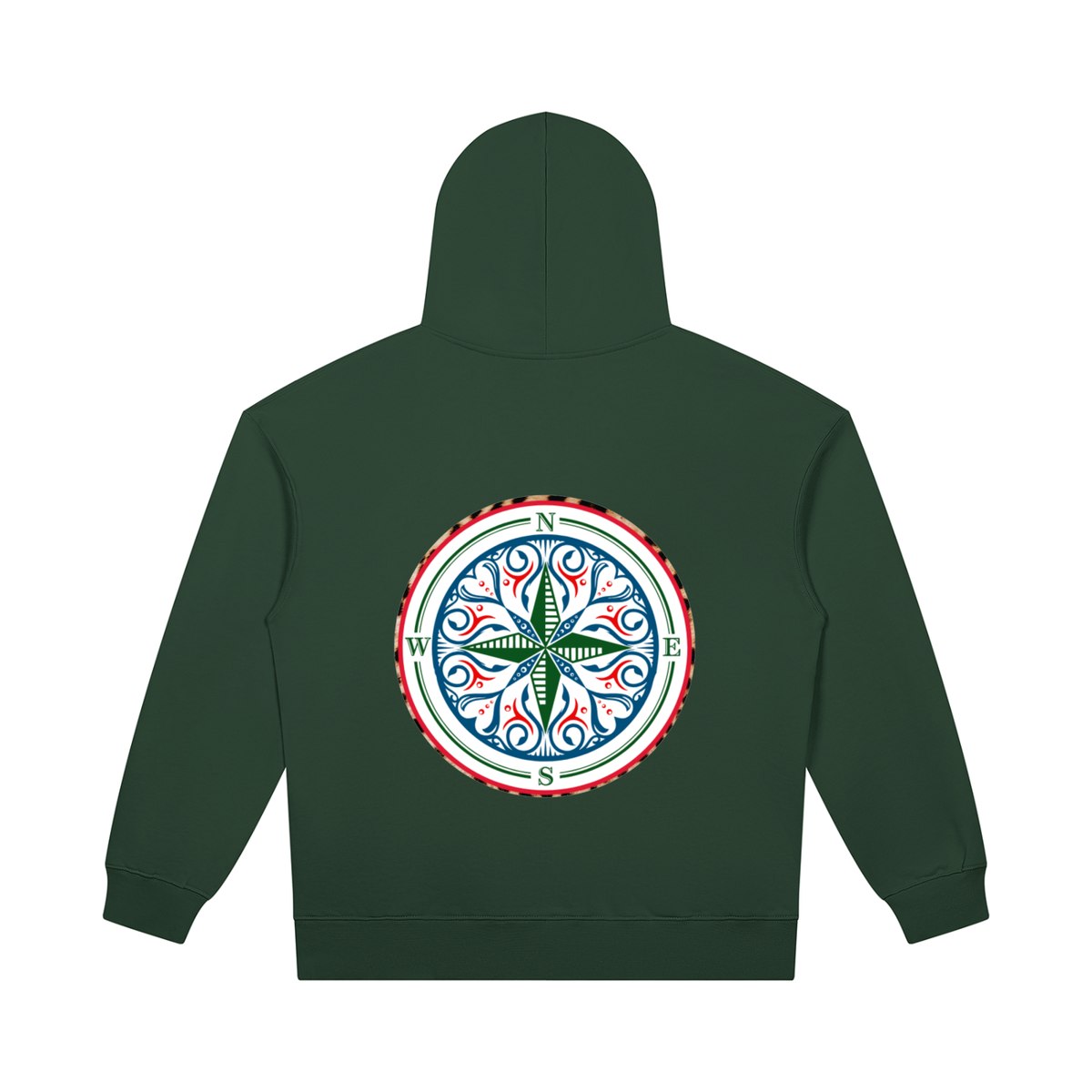 The Cosmic Compass heavyweight pullover hoodie is the one you reach for first: on the school run with your coffee, over a slip skirt and boots on a night out, or with leather trousers for date night. The weight holds its shape and makes everything you pair it with look deliberate. COMfoRTABLE AND STYLISH IN YOUR RECOVERY  green back view