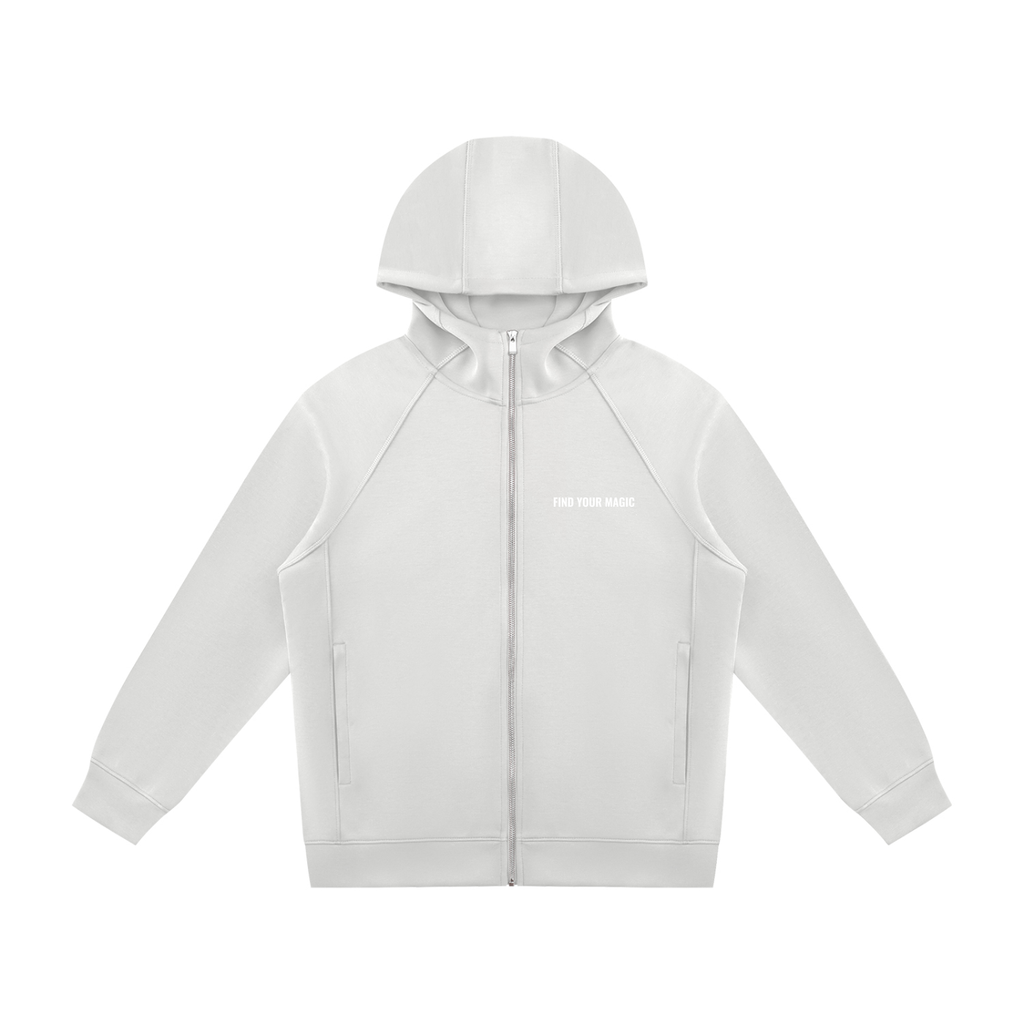Rich in depth of colour with silver hardware, the Cosmic Compass full zip hoodie is the one that goes with everything. Elevate any look with this statement piece. find your recovery and confidence in this grey zip up hoodie front view