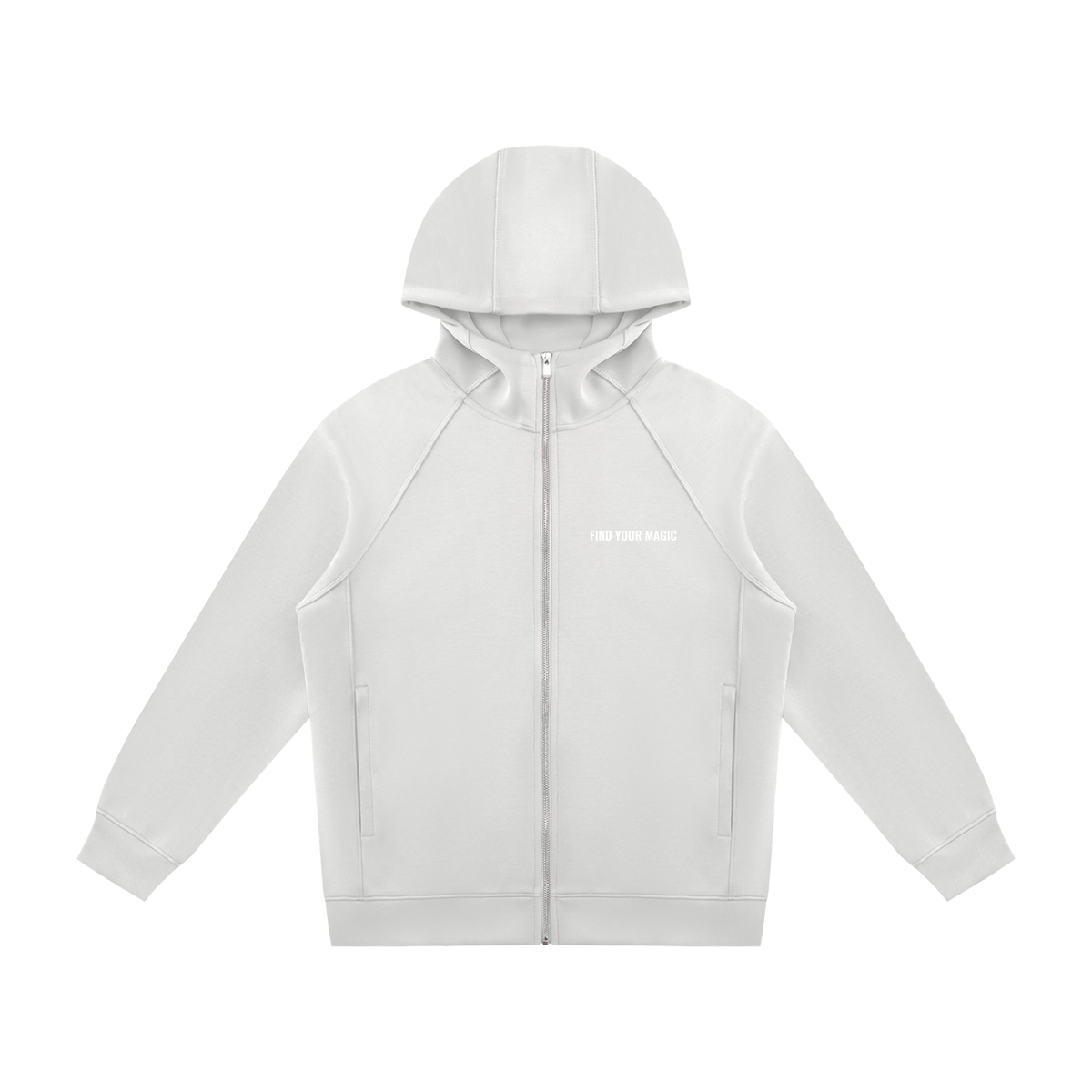 Rich in depth of colour with silver hardware, the Cosmic Compass full zip hoodie is the one that goes with everything. Elevate any look with this statement piece. find your recovery and confidence in this grey zip up hoodie front view
