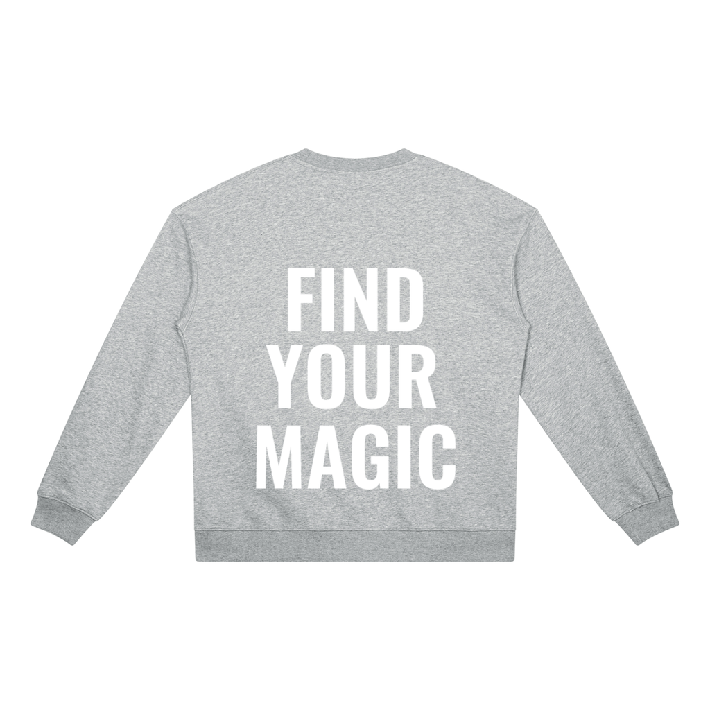 Find your magic A Flower grey crewneck sweatshirt with a The infinity style Studio compass logo.  Keep you looking stylish, warm and comfy on your confidence recovery journey. flower grey crewneck back view