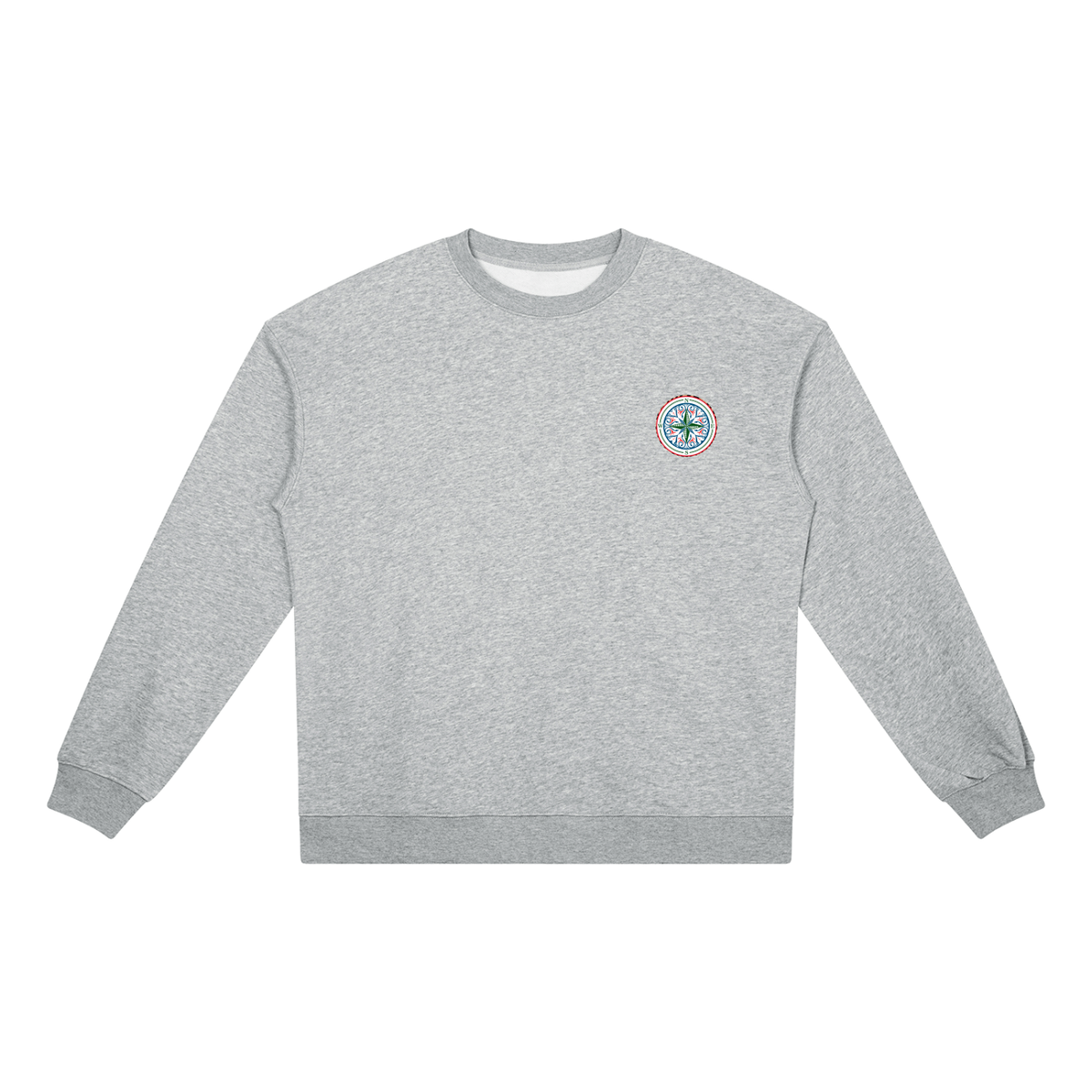 Find your magic A grey crewneck sweatshirt with a The infinity style Studio compass logo.  Keep you looking stylish, warm and comfy on your confidence recovery journey. grey crewneck front view