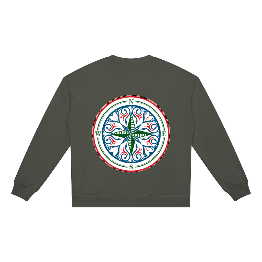 Compass Crewneck Sweatshirt. A khaki crewneck sweatshirt with a The infinity style Studio compass logo.  Keep you looking stylish, warm and comfy on your confidence recovery journey.Khaki crewneck back view