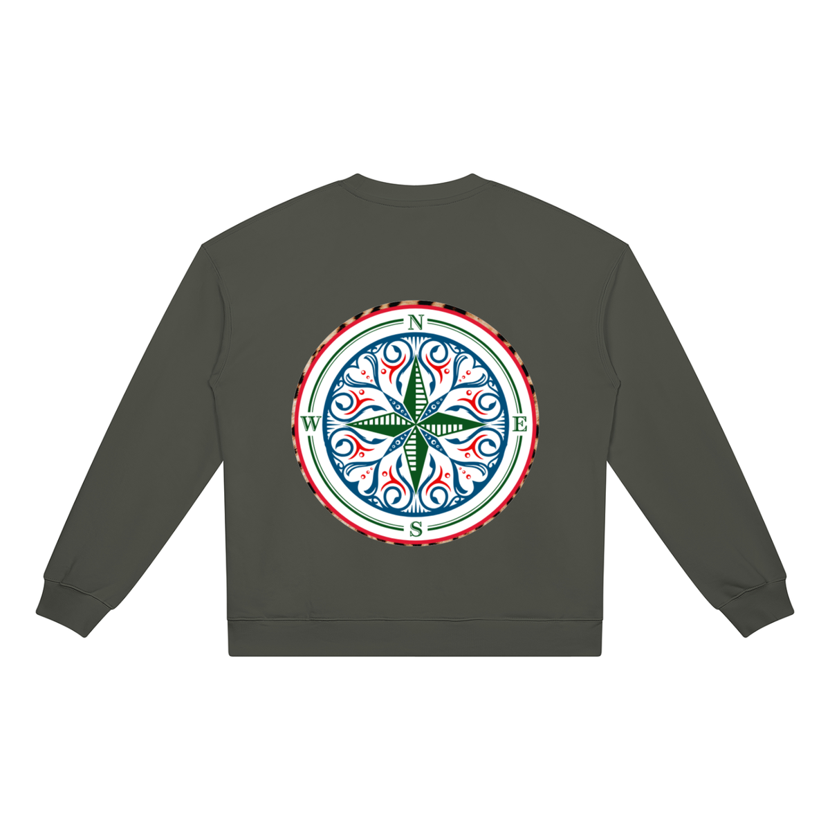 Compass Crewneck Sweatshirt. A khaki crewneck sweatshirt with a The infinity style Studio compass logo.  Keep you looking stylish, warm and comfy on your confidence recovery journey.Khaki crewneck back view