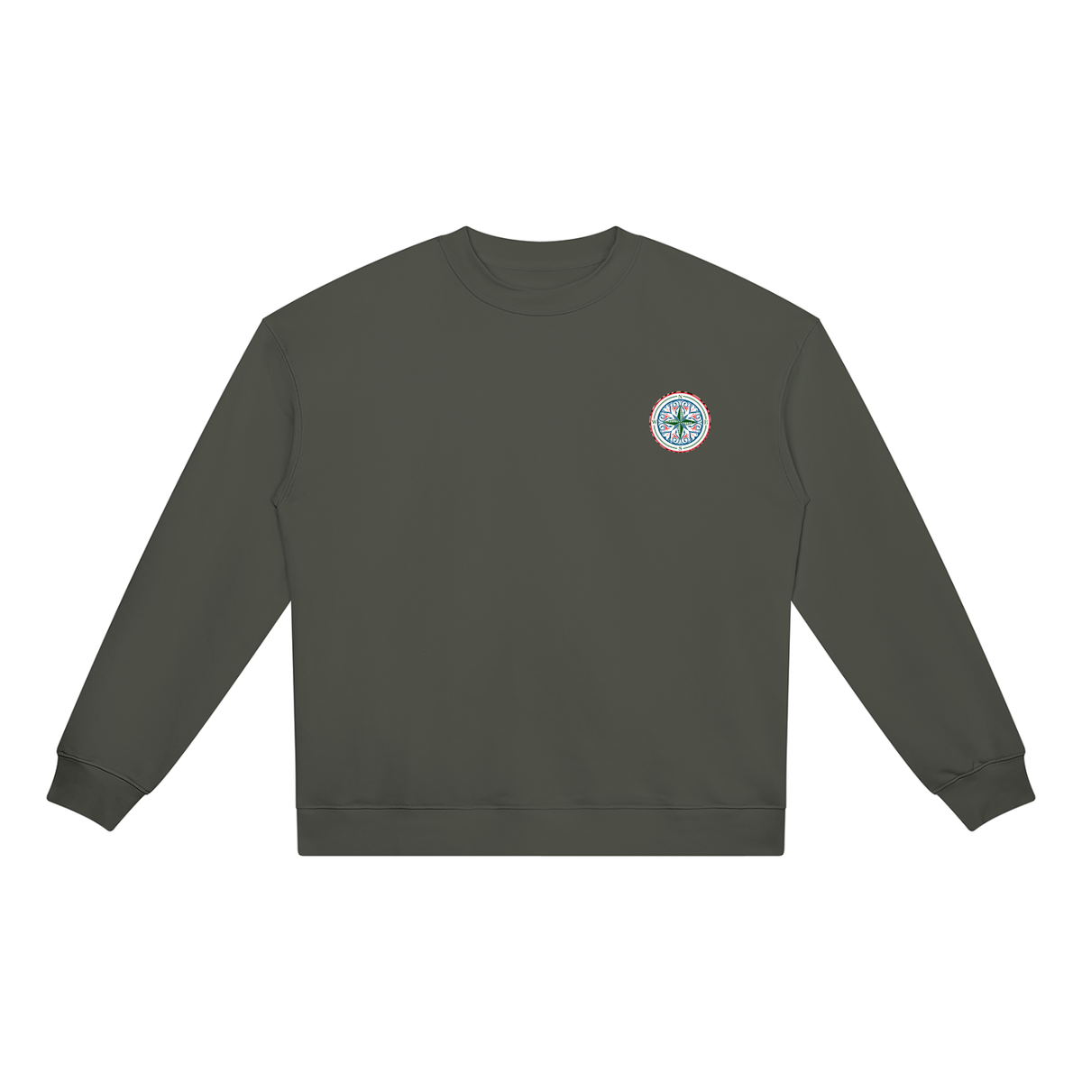 Find your magic A Khcrewneck sweatshirt with a The infinity style Studio compass logo.  Keep you looking stylish, warm and comfy on your confidence recovery journey. flower grey crewneck front view