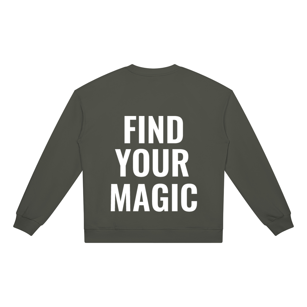 Find your magic A Khakicrewneck sweatshirt with a The infinity style Studio compass logo.  Keep you looking stylish, warm and comfy on your confidence recovery journey. Khaki crewneck back view