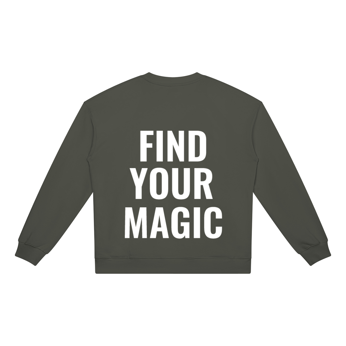 Find your magic A Khakicrewneck sweatshirt with a The infinity style Studio compass logo.  Keep you looking stylish, warm and comfy on your confidence recovery journey. Khaki crewneck back view