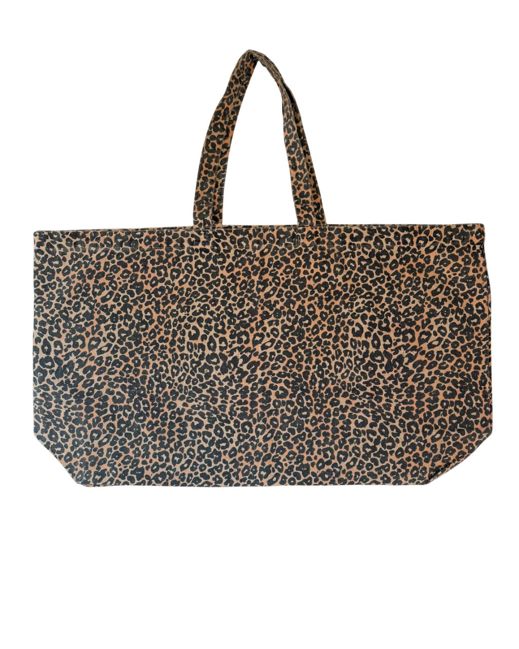 A leopard print tote bag with two top handles and a large circular compass design on the front, set against a plain white background. You can put everything you'll need in out on your confidence recovery journey. back side view
