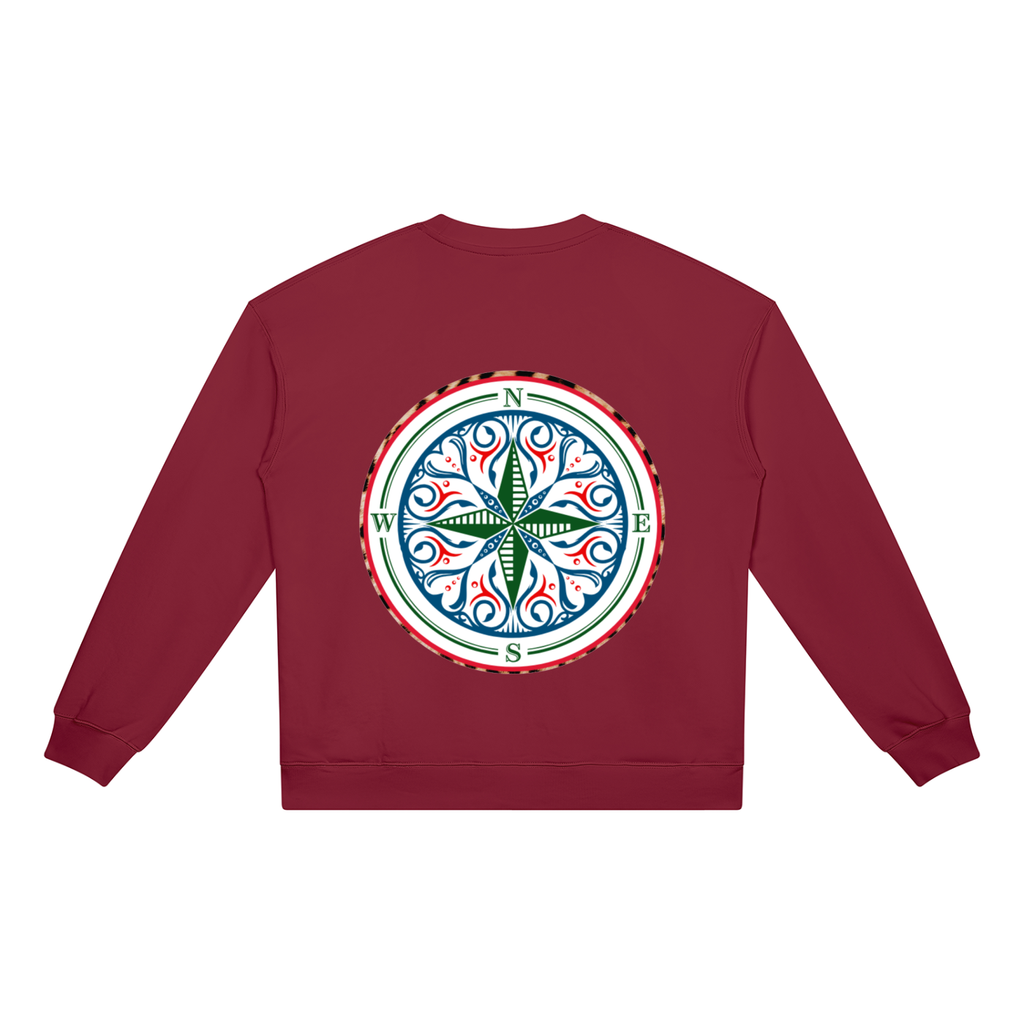 Compass Crewneck Sweatshirt. A red crewneck sweatshirt with a The infinity style Studio compass logo.  Keep you looking stylish, warm and comfy on your confidence recovery journey. red  crewneck back view