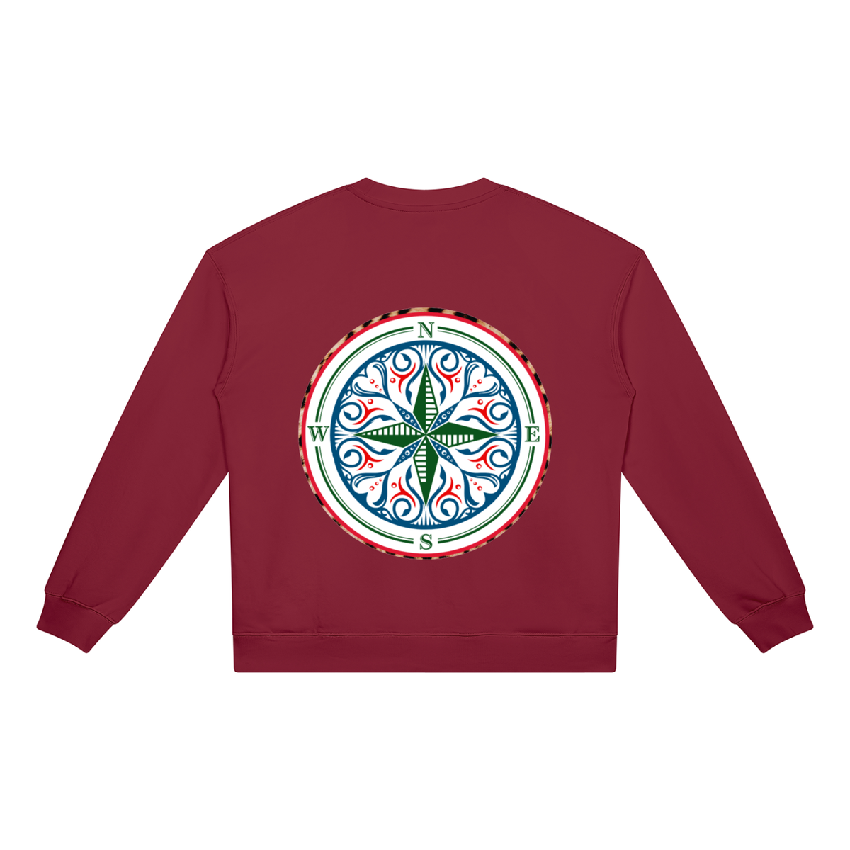 Compass Crewneck Sweatshirt. A red crewneck sweatshirt with a The infinity style Studio compass logo.  Keep you looking stylish, warm and comfy on your confidence recovery journey. red  crewneck back view