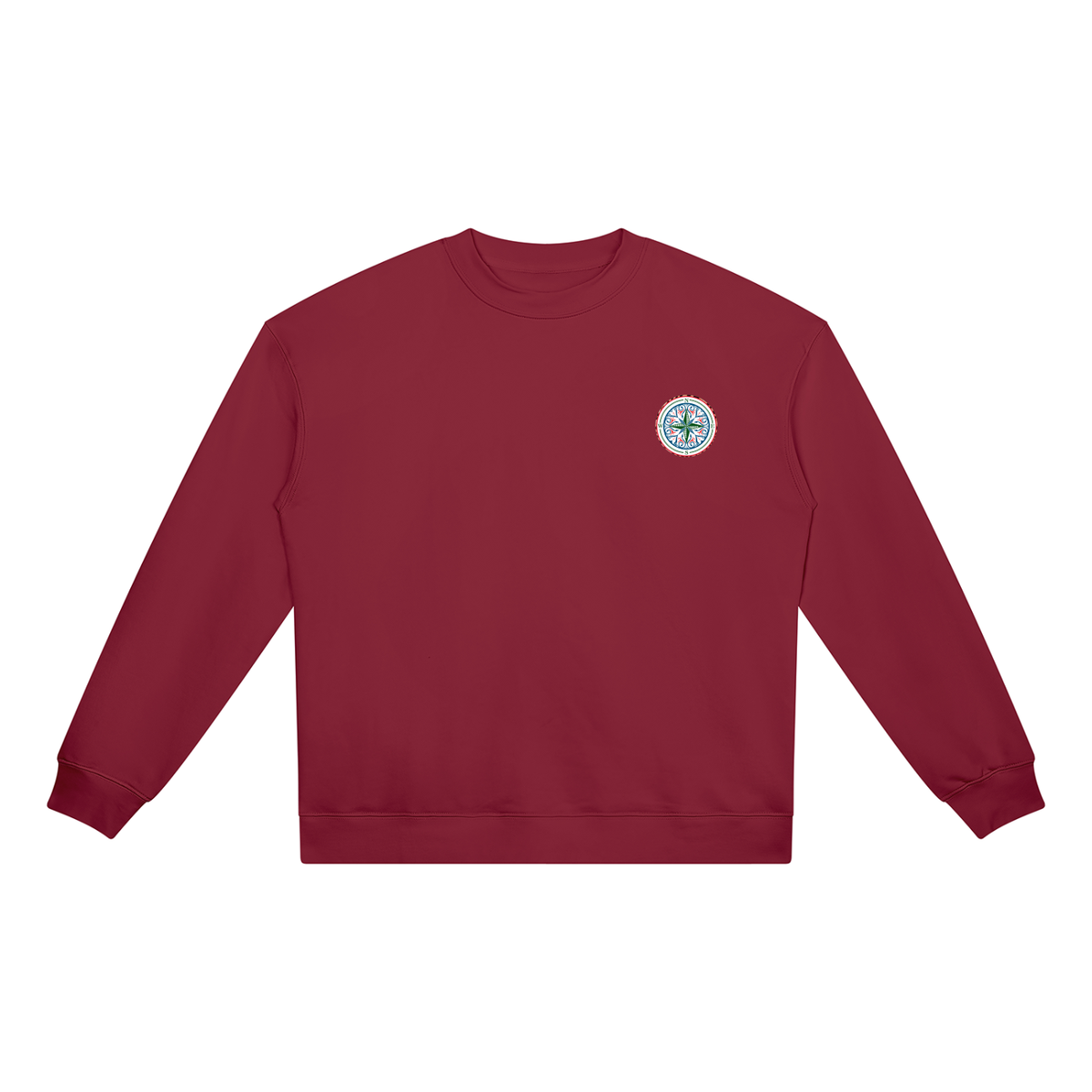 Find your magic red crewneck sweatshirt with a The infinity style Studio compass logo.  Keep you looking stylish, warm and comfy on your confidence recovery journey. red crewneck front view