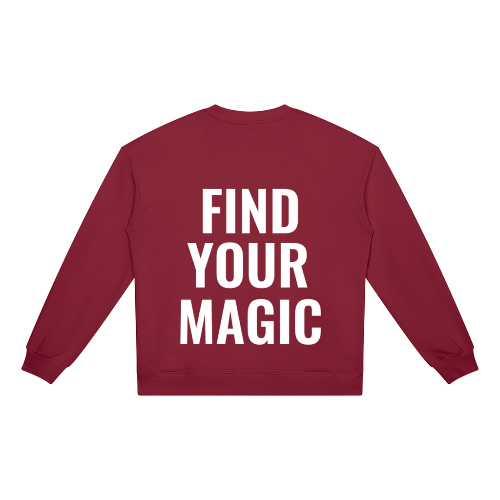 Find your magic A red crewneck sweatshirt with a The infinity style Studio compass logo.  Keep you looking stylish, warm and comfy on your confidence recovery journey. red crewneck back view