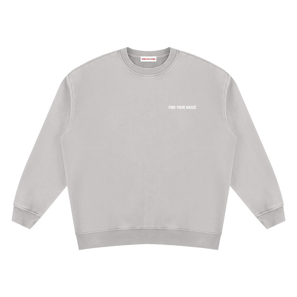 Soft, with a fleece lining that makes the Cosmic Compass vintage wash sweatshirt pure comfort. Warm enough to be worn instead of a jacket or layered for the colder months. Wear it with a leopard skirt and boots, or with a statement bag and your favourite lipstick for date night.

Oversized fit unisex crewneck with drop shoulders
Vintage wash finish, fleece-lined
53% polyester, 42% cotton, 5% other fibres
Vintage wash light grey fleeced lined back to give you confidence in your recovery front view