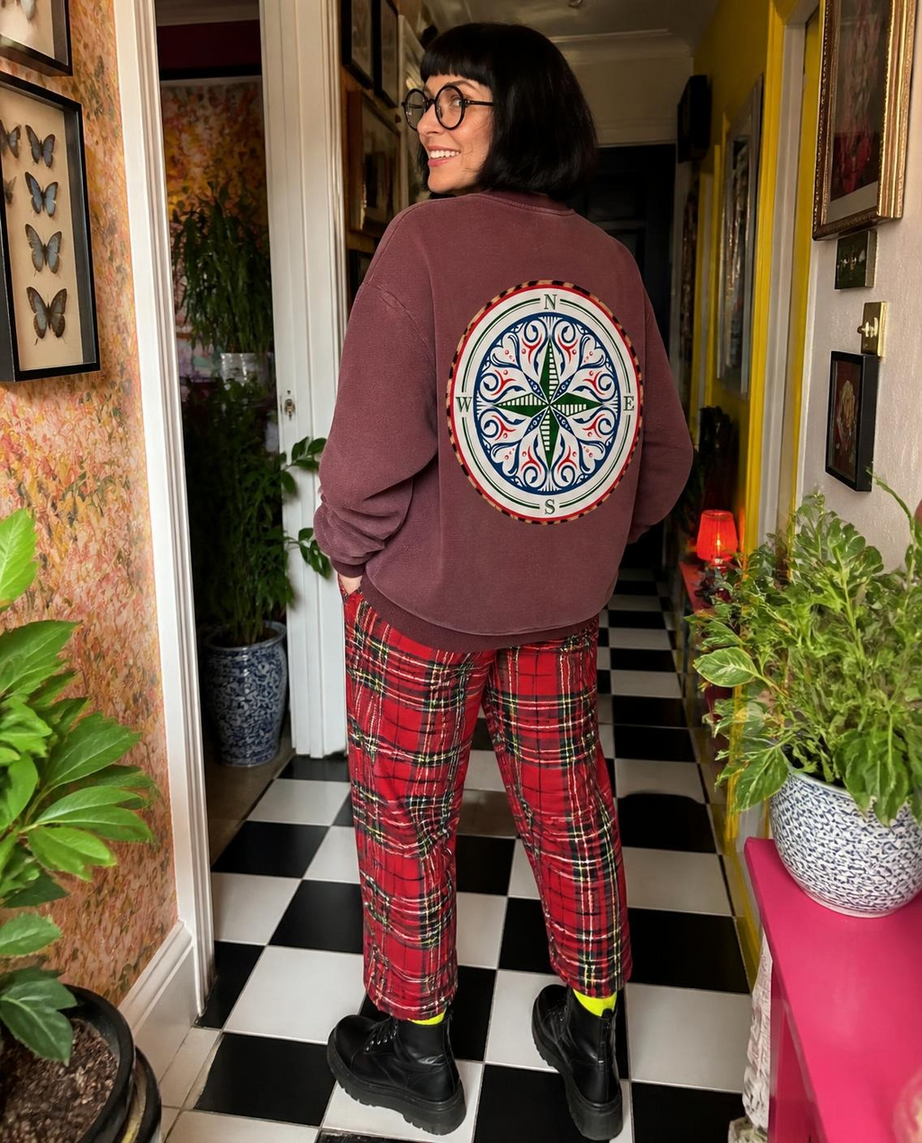 Soft, with a fleece lining that makes the Cosmic Compass vintage wash sweatshirt pure comfort. Warm enough to be worn instead of a jacket or layered for the colder months. Wear it with a leopard skirt and boots, or with a statement bag and your favourite lipstick for date night.

Oversized fit unisex crewneck with drop shoulders
Vintage wash finish, fleece-lined
53% polyester, 42% cotton, 5% other fibres
Vintage wash dark plum fleeced lined back to give you confidence in your recovery front view model