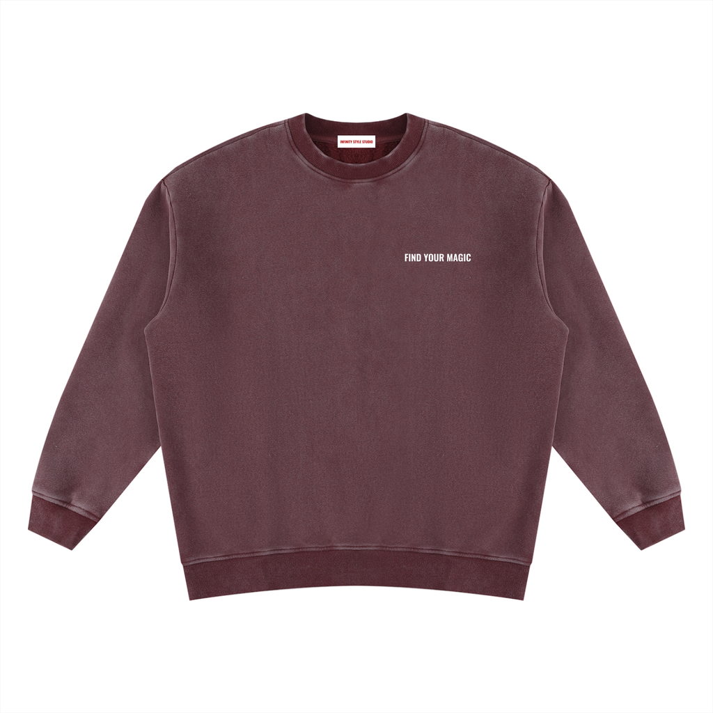Soft, with a fleece lining that makes the Cosmic Compass vintage wash sweatshirt pure comfort. Warm enough to be worn instead of a jacket or layered for the colder months. Wear it with a leopard skirt and boots, or with a statement bag and your favourite lipstick for date night.

Oversized fit unisex crewneck with drop shoulders
Vintage wash finish, fleece-lined
53% polyester, 42% cotton, 5% other fibres
Vintage wash dark plum fleeced lined back to give you confidence in your recovery front view