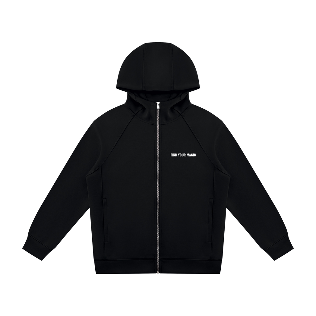 Rich in depth of colour with silver hardware, the Cosmic Compass full zip hoodie is the one that goes with everything. Elevate any look with this statement piece. find your recovery and confidence in this Black zip up hoodie front view