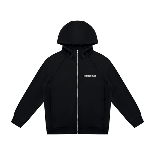 Rich in depth of colour with silver hardware, the Cosmic Compass full zip hoodie is the one that goes with everything. Elevate any look with this statement piece. find your recovery and confidence in this Black zip up hoodie front view