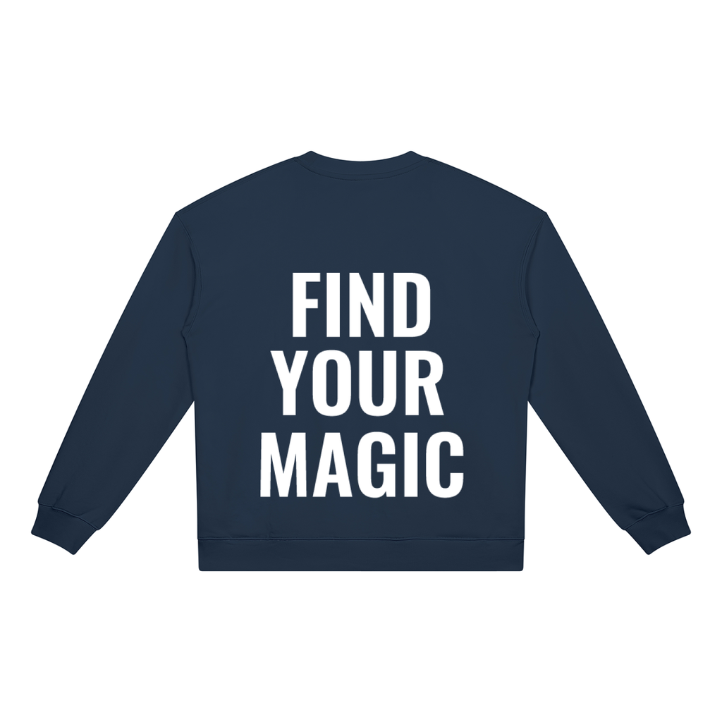 Find your magic A blue crewneck sweatshirt with a The infinity style Studio compass logo.  Keep you looking stylish, warm and comfy on your confidence recovery journey.blue crewneck back view