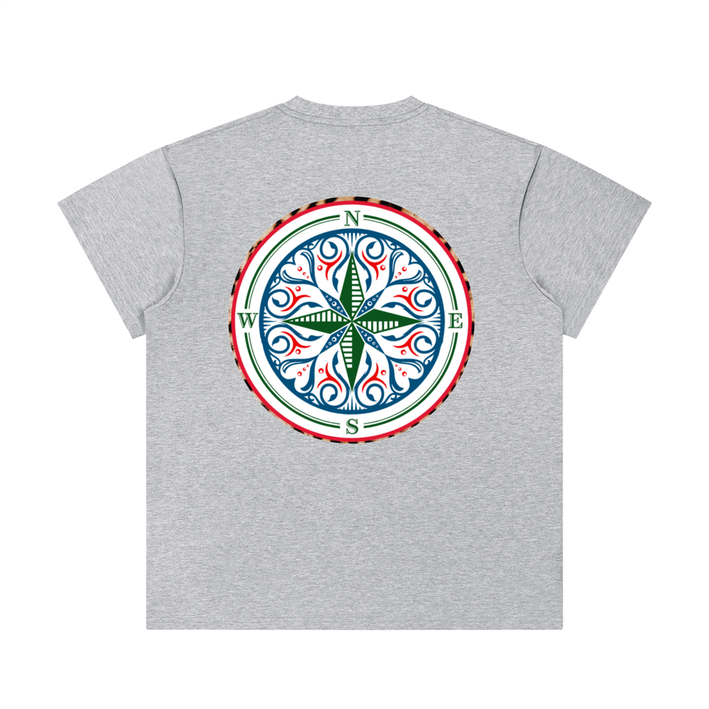 the unisex Cosmic Compass tee with a statement that makes every outfit make sense. Effortlessly cool, it works under a sharp blazer for a work day, with a leather jacket for the school run, on a night out, or whenever you need a reminder to own that magic. look confident and stylish in your recover with this grey shirt tee shirt  back