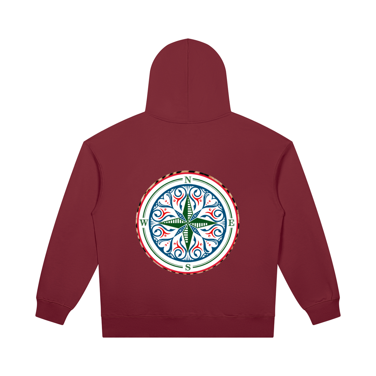 The Cosmic Compass heavyweight pullover hoodie is the one you reach for first: on the school run with your coffee, over a slip skirt and boots on a night out, or with leather trousers for date night. The weight holds its shape and makes everything you pair it with look deliberate. COMfoRTABLE AND STYLISH IN YOUR RECOVERY red back view