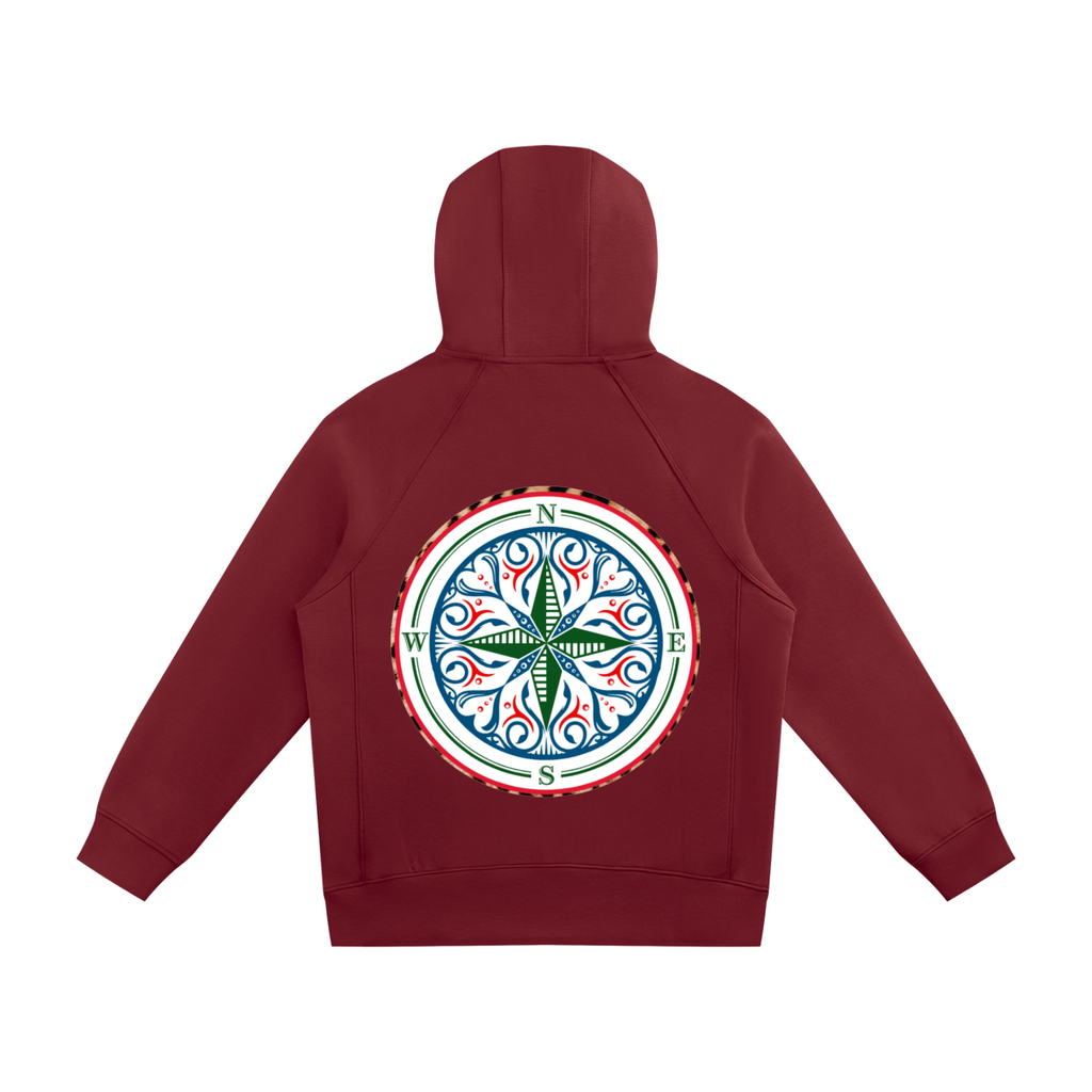 Rich in depth of colour with silver hardware, the Cosmic Compass full zip hoodie is the one that goes with everything. Elevate any look with this statement piece. find your recovery and confidence in this red zip up hoodie back view