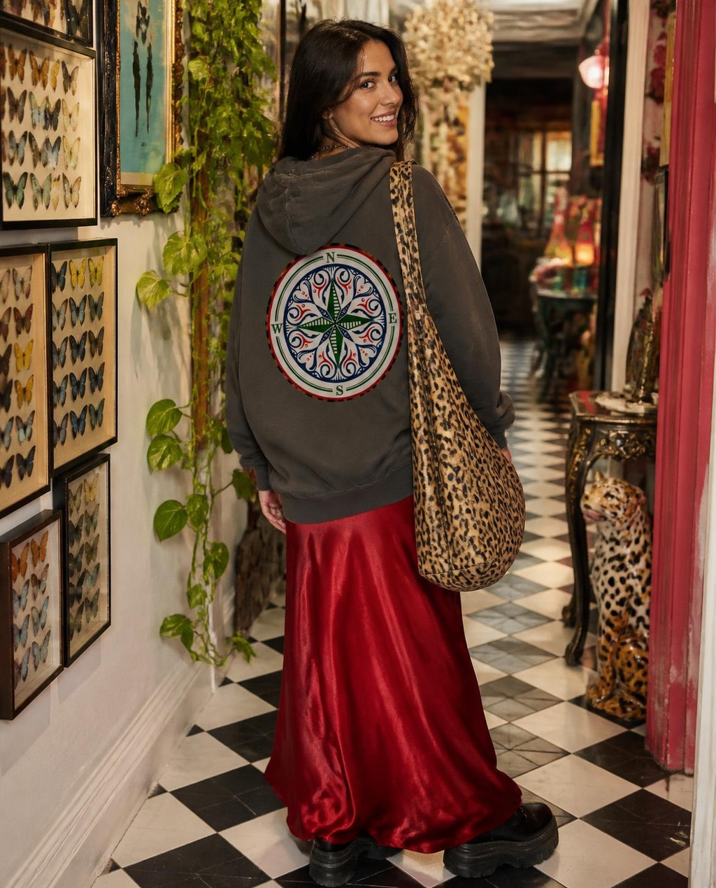 GREY vintage wash, wide boxy shape and drop shoulders give the Cosmic Compass boxy hoodie real character. Wear it big with jeans for a day off, over a skirt, or with something unexpected after dark.
 GIVE YOU CONFIDENCE IN YOUR RECOVERY JOURNEY  GREY FRONT MODEL