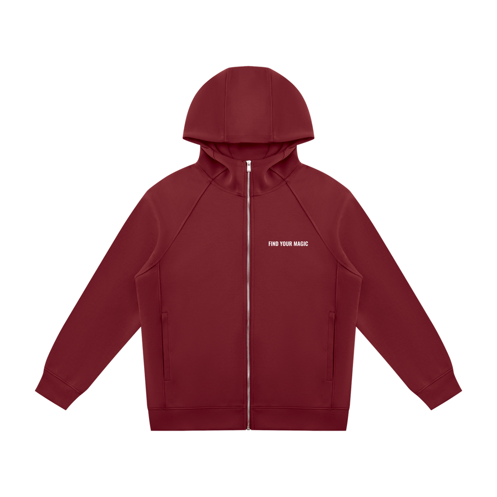 Rich in depth of colour with silver hardware, the Cosmic Compass full zip hoodie is the one that goes with everything. Elevate any look with this statement piece. find your recovery and confidence in this red zip up hoodie front view