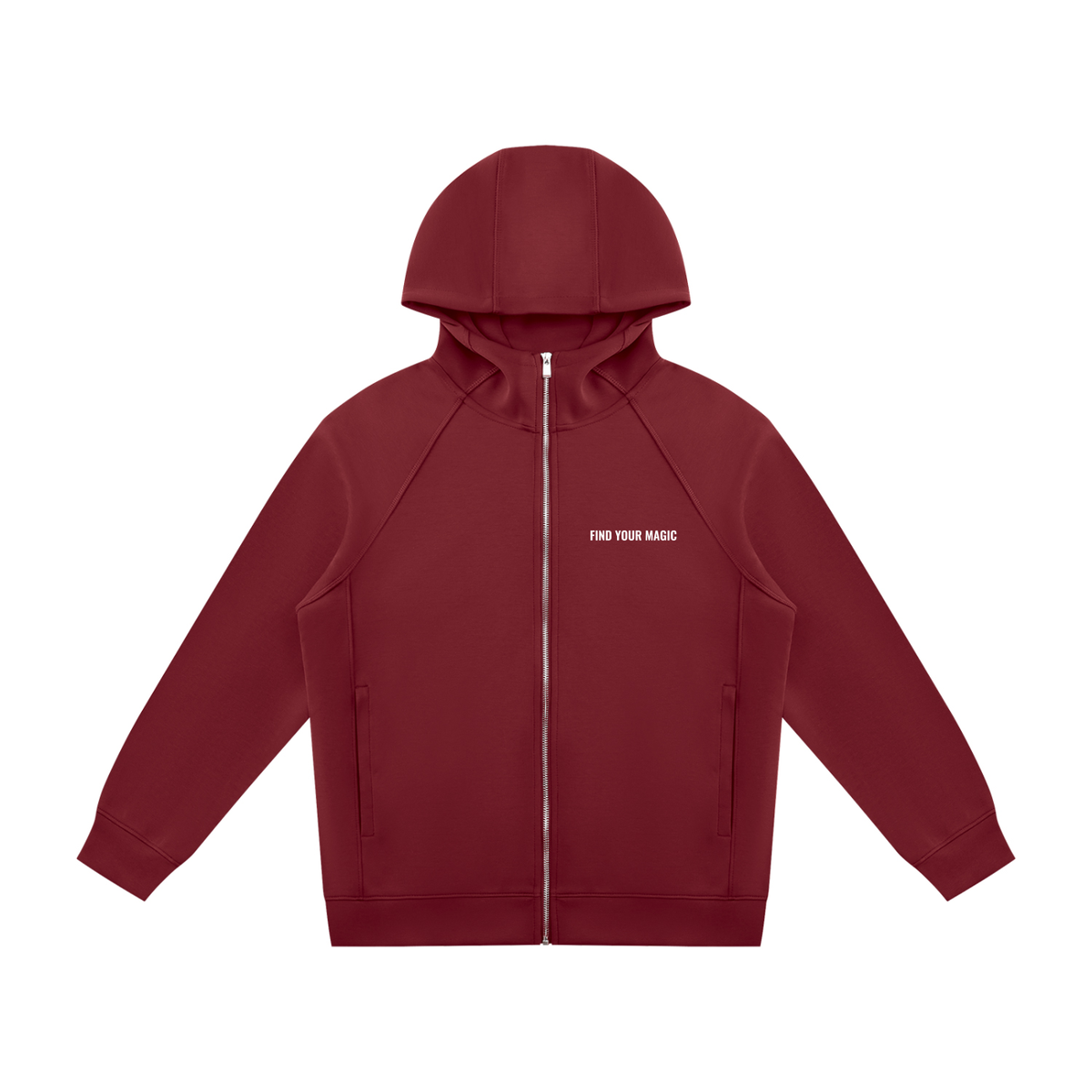 Rich in depth of colour with silver hardware, the Cosmic Compass full zip hoodie is the one that goes with everything. Elevate any look with this statement piece. find your recovery and confidence in this red zip up hoodie front view